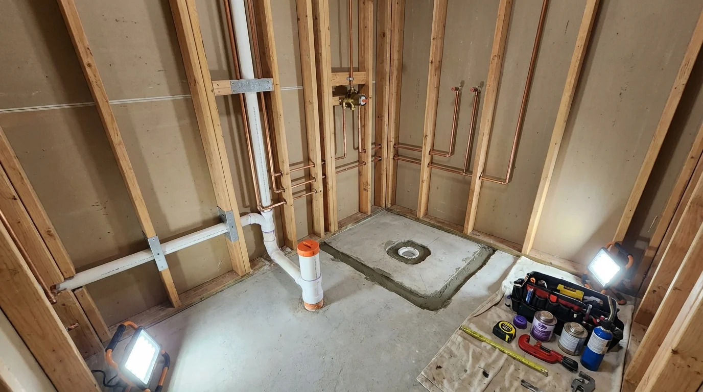 Bathroom rough-in plumbing during remodel by Johns Plumbing LLC in Lincolnville