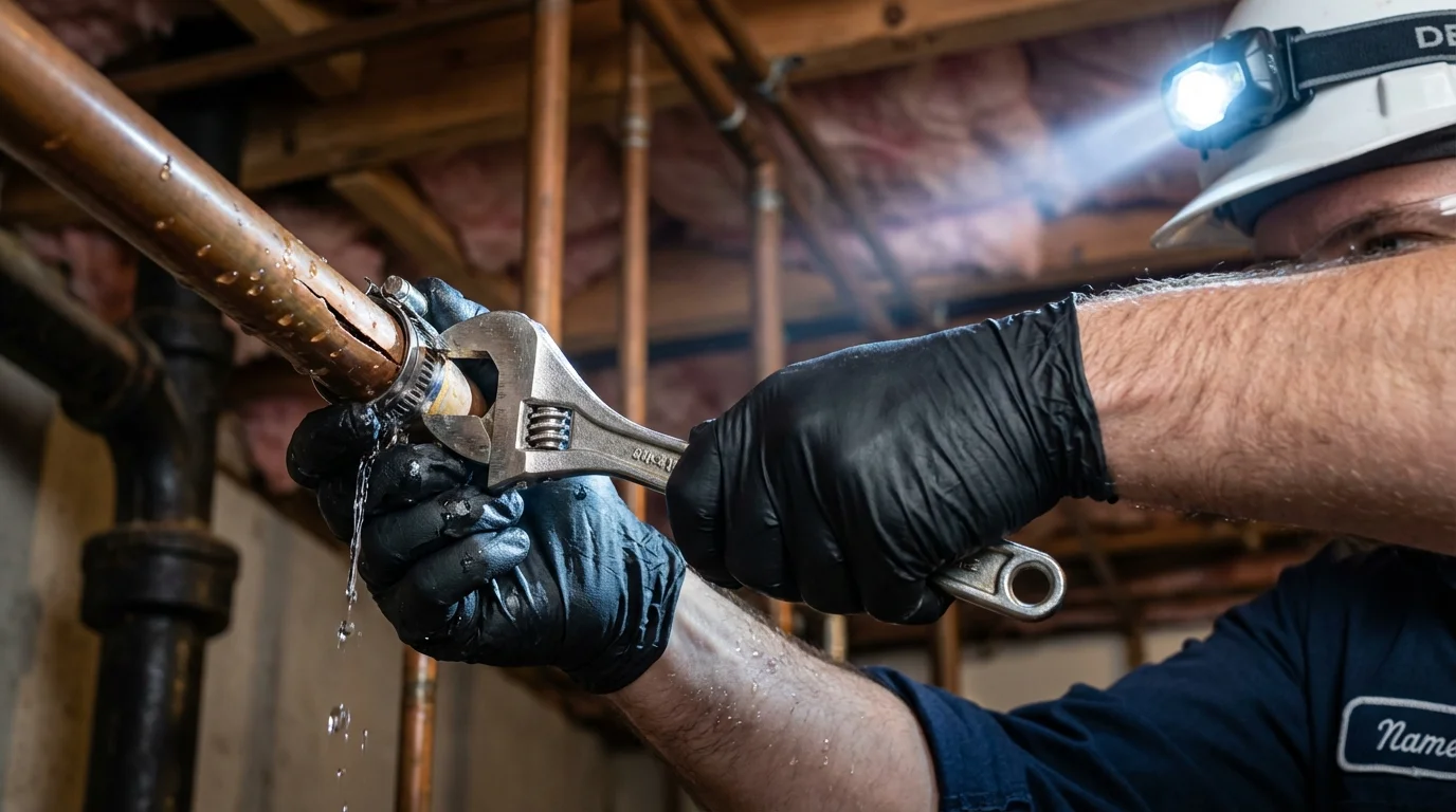 Emergency pipe clamp repair being performed by a Johns Plumbing LLC plumber in Lincolnville
