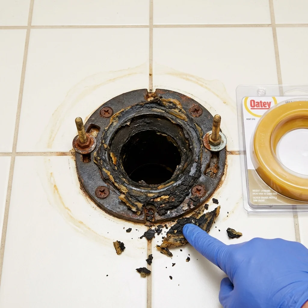 Failed wax ring showing water seepage at the base of a toilet in a Lincolnville, ME home