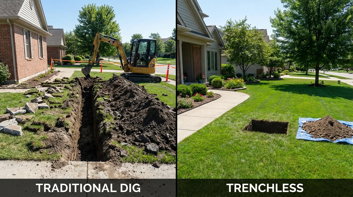 Trenchless sewer repair with minimal yard damage versus traditional excavation in Lincolnville, ME