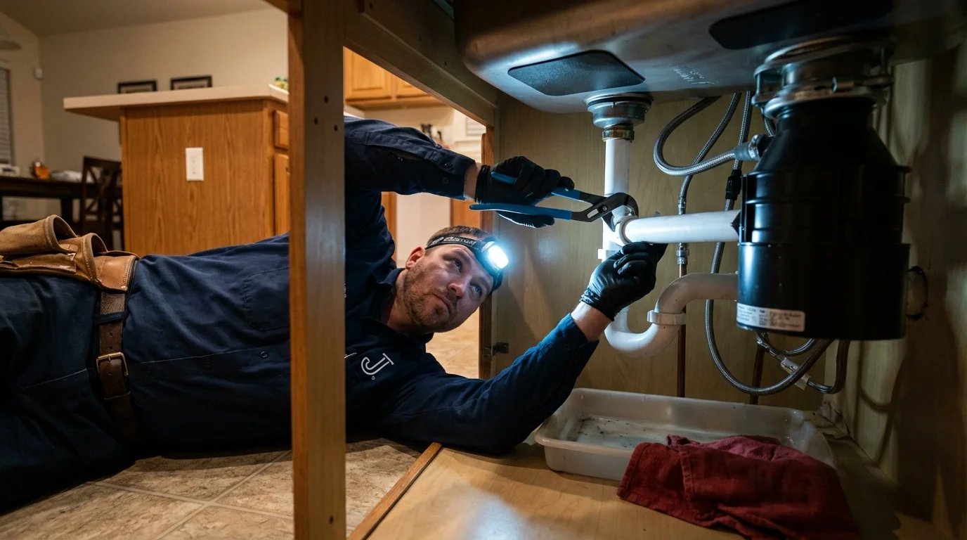 P-trap and supply line connections under a kitchen sink showing a common leak point in Lincolnville, ME